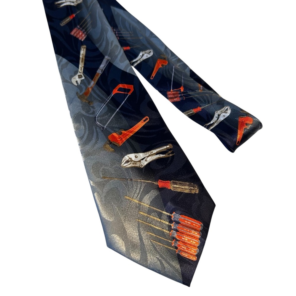 Novelty Necktie Mens Tools Print Blue Gray Polyester Career Workwear Tie Vintage - Picture 1 of 8